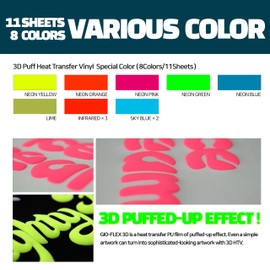 GIO-FLEX 3D Puff Vinyl Heat Transfer 10" x 12" - 11 Sheets Foaming HTV Assorted Colors Bundle/Variety Pack, Adhesive Vinyl, Iron-On Transfer, Heat Press with Cricut Silhouette Cameo