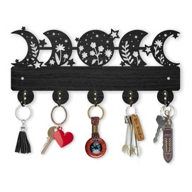 MAYJOYDIY Moon Phase Star Coat Rack Wall Mount Wooden Floral Moon Key Holder for Wall 11.8×5.5inch 5 Alloy Hooks Dreamy Wall Art Decor Black Key Rack Organizer for Gift Entryway Hallway Kitchen Room