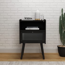 Mid Century Modern Nightstand, Side Table with Storage, Bedside Tables with Glass Door, End Table with Solid Wood Legs for Bedroom, Living Room and Small Spaces, Black