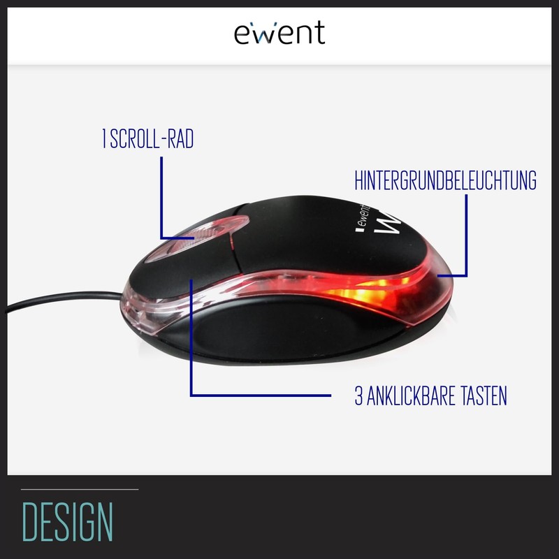Ewent ew3174 Mini Optical Mouse, 1000dpi, 1.15 M Cable
