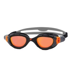 Zoggs Predator Flex Titanium Goggles, UV Protection Swim Goggles, Quick Adjust Swim Goggle Straps, Fog Free Adult Swim Goggle Lenses, Adults 3D Flex Ultra Fit, Grey/Black/Mirrored Orange - Smaller Fit