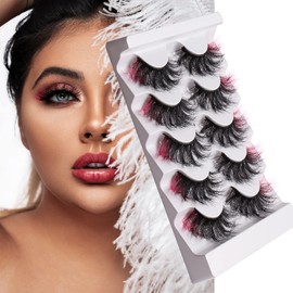 Coloured Lashes, 5D False Lashes with Colour Faux Mink Eyelashes Wispies Fluffy Coloured Eyelashes Dramatic Strip Lashes for Christmas Cosplay Costumes Fake Eyelashes 5 Pairs Pack (Pink)