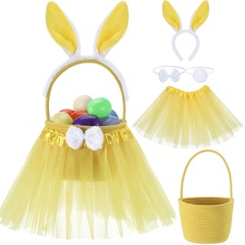 Shyyween Tutu Easter Baskets Easter Costume Ruffled Tulle Fluffy Ears and Bunny Headband Bow Tie Tail Party Favors Gift for Girls DIY Egg Playset Decorations(Yellow)