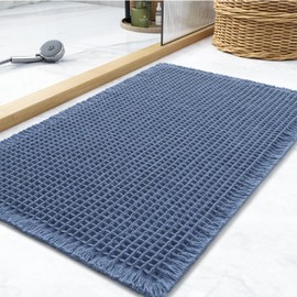 Tapete de baño de gofre, superabsorbente, antideslizante, para baño, ultra suave, lavable a máquina, con borlas, alfombras de baño para el piso de baño junto a la tina, 20 x 32 pulgadas, azul
