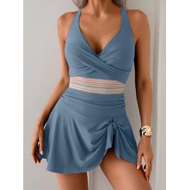 Aidonger Women One Piece Swimdress Swimsuit V Neck Bathing Suit with Skirt Tummy Control Swim Dress Gray Blue