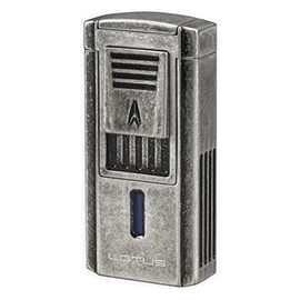 Lotus Duke V Cigar Lighter with Triple Pinpoint Wind-Resistant Torch Flames, Single Action Ignition, Integrated V-Cut Cutter, Tinted Fuel Level Window (Antique Pewter)