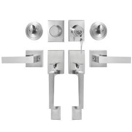 Reversible Satin Nickel Double Door Handle Set Heavy Duty Square Lever Lock for Windows and DoorsHandle Type: Square Handle, Color: Satin Nickel Color