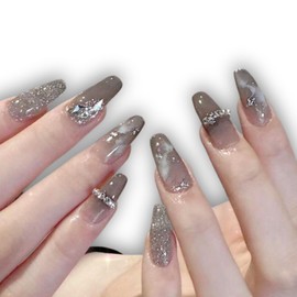 Nail Tips Set of 24 False Nail Ballerina Gradient Polished Nails Finger Parts Double Sided Tape 48 Sticks File Alcohol Pad Crystal Long Gray