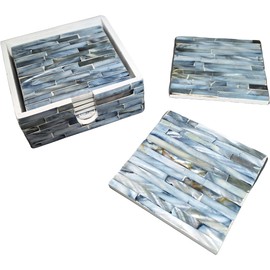 i-lan Set of 6 Blue Mother of Pearl Coasters for Drinks - 4 Inch Square Wooden Cup Mats with Mosaic Brick Inlay, Modern Coastal Mediterranean Table Decor for Coffee Table & Housewarming Gift