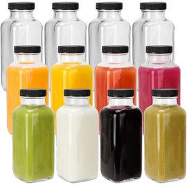 Keketin 12 oz Empty Glass Juice Bottle,12 Pack Square Drinking Bottles Jars with Lids,350ml Reusable Glass Water Bottles for Beveragers,Juicing and Milk