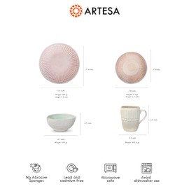 Artesa Color Full Mix Match 4 Dinnerware Set -4 Piece Handmade Ecuadorian Ceramic, Pink & Mint with Embossed Pattern, Plates, Bowls & Cups, Lead-Free, Microwave Safe, 11.4-Inch Plates