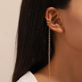 Yheakne Boho Elves Chain Cuff Tassel Earrings Gold Elf Earrings Vintage Elves Fairy Clip On Earrings Long Tassel Chain Earrings Not Pierced Cartilage Earrings Jewellery for Women (Left), Zinc