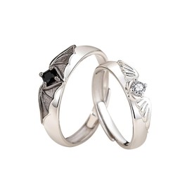 Anillo de Plata y Negro TREE NEST Anillo Ajustable Anillo para Parejas con Circonita Cúbica, Ángeles y Demonios, Anillo de Hombres y Mujeres Anillo de Boda Anillo de Promesa Tamaño Universal 30054