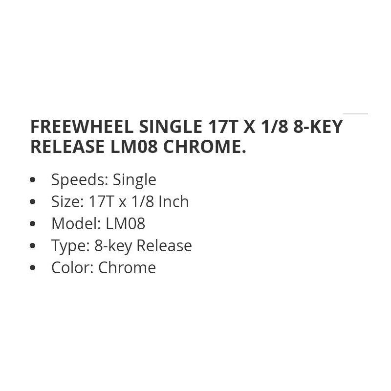 Unbranded FREE WHEEL REAR GEAR 17T X 1/8 8 KEY