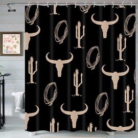 Emwnodti Western Shower Curtain Bathroom Decor, Boho Cow Skull Head Shower Curtain Sets, American Southwest Cactus Aztec Polyester Fabric Bath Curtain 60'' x 72'' with Hooks