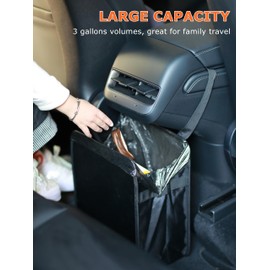 Ginsco 3 Gallons Open-Top Car Trash Can, Large Capacity Hanging Leakproof Car Trash Bag with Water-proof PEVA Liner, Stand Trash Bag for Cars Foldable Storage Bag for Cars SUV Truck RV Black
