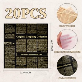 LeZakaa 20 Sheets Newsprint Flower Wrapping Paper, Waterproof Floral Bouquet Paper, Black & Gold Newsprint Design for Graduation, Mother's Day, Birthday Party, Bridal Shower, Wedding, Baby Shower