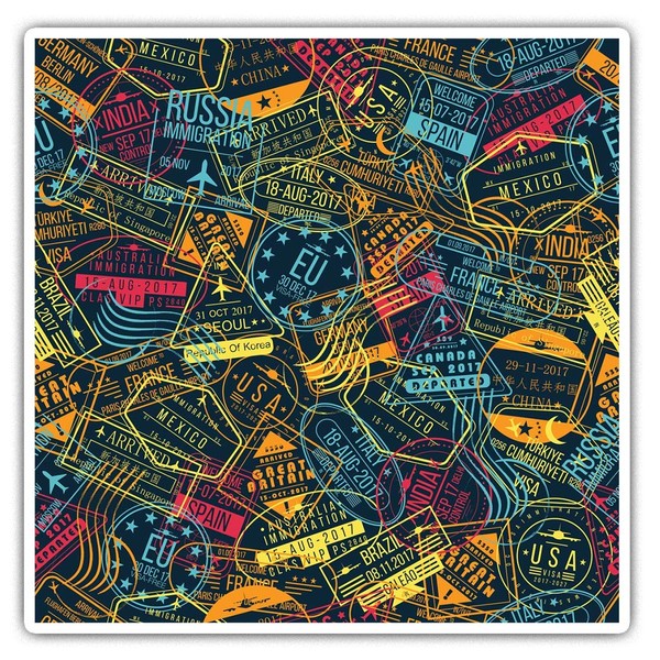 Square Stickers (Set of 2) 7.5cm - Travel Passport Stamp
