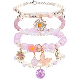 DS Beaded Charm Bracelets for Teen Girls Cute Cartoon 4 PCS Crystal Beads Pearl anime Bracelets for woman girls Adjustable Stretch bracelet anklets birthday Gift For daughter Friends-Purple Butterfly