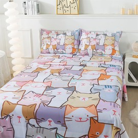 lishjekee Cat Sheets Twin Girls Kawaii Cats Sheet Set for Kids Teens 3Pieces Cute Kitten Bedding Set Cartoon Animal Bed Sheet Set with 1 Fitted Sheet1 Flat Sheet 1 Pillowcase Home Decor