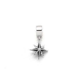DUR F329 Single Charm Pendant Compass Rose for Women 925 Sterling Silver with Lava Sand in Silver and Black Dimensions: 1.25 x 1.5 cm, Sterling Silver, No Gemstone
