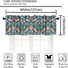 Floral Kitchen Valance, William Morris Art Botanical Printed Small Window Treatments for Kitchen Living Room Bathroom Cafe Decor Rod Pocket Vintage Retro Green Valances 54x18 Inch, 1 Panel