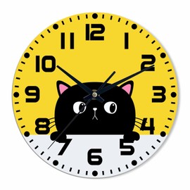 Cat Head Face wall clock 10 inch round Black Funny Kitten Body Silent Non Ticking Wood Wall Clocks Battery Operated Easy to Read Decorative Wall Clock for Bedroom Kitchen Living Room Bathroom