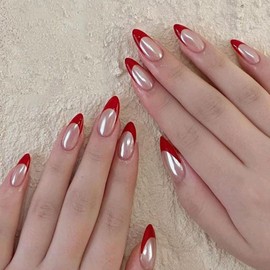 YOSOMMK Red French Fake Nails Medium Press on Nails Almond Glossy Acrylic Glue on Nails Full Cover Artificial False Nails for Women and Girls