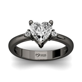Jeulia Heart Black Engagement Ring: Women Sterling Silver Three Stone Cubic Zirconia Promise Wedding Ring Band Jewellery for Her Wife Gift (Black, N-½.)
