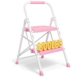 BONTEC 2-Step Ladder, Folding Step Stool, 600lbs Max Load Capacity, Sturdy Steel, Non-Slip Pedals, Lightweight, Portable Steel Ladder with Convenient Handrail, Safety Design for Home & Work, Pink