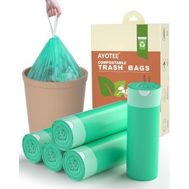 Small Compost Bags 1.2 Gallon 125 Count, AYOTEE Drawstring Mini Trash Bag, Strong Compostable Trash Bags Small Bathroom Trash Bags for Home Kitchen Office Fit 4.5-5 Liter Trash Can, 1-1.5 Gal