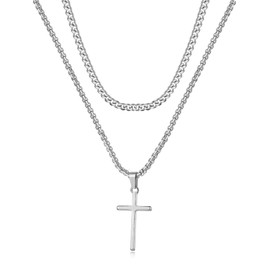 Layered Cross Necklace for Men Stainless Steel Plain Cross Pendant Necklace Rope Chain Necklace for Boys(A)
