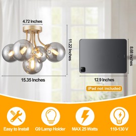 DHK wot Glass Globe Chandelier Modern Sputnik Chandelier 5-Light Gold Semi Flush Mount Ceiling Light Fixture Sputnik Ceiling Light Fixture with Smoky Grey Glass for Kitchen Bedroom