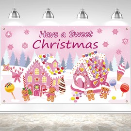 Wiooffen Christmas Gingerbread Backdrop Decorations Pink Xmas Gingerbread House Hanging Banner Background Sign Christmas Candy Cane Photo Background for Winter Holiday Party Indoor Outdoor Supplies