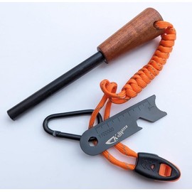 Outdoor Ferro Rod Flint Fire Starter with Handcrafted Wood Handle, | 20,000+ Strikes | Survival Flint and Steel Rods with Whistle,Carabiner,Paracord Reflective Neck-Wrist Lanyard for Your Camping Gear