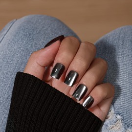 KQueenest Cat Eye Press On Nails Short Coffin, 30 Pcs Glitter Black Press On Nails Summer, Sparkly Fake Nails With Glue, Luxury Glass Nails Press ons, Reusable Soft Gel Stick on Nail for Women Gift