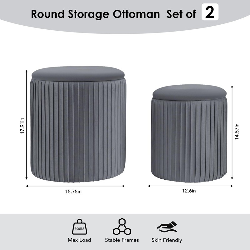 WENRENER Ottoman with Storage, Velvet Round Storage Ottoman Set of