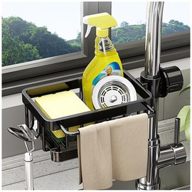 Kitchen Sink Faucet Organizer, Sponge Holder for Kitchen Sink with Hook, Hanging Faucet Drain Rack for Dishcloths, Sponges, and More (Black, Left)