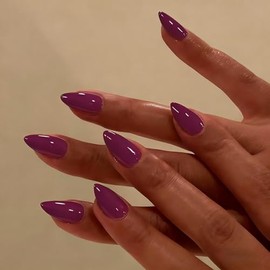 Uñas postizas cortas color almendra y morado baya, uñas acrílicas puntiagudas y brillantes, con pegamento, reutilizables, fáciles de aplicar, 30 unida