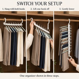 Space Saving Pants Hanger, 9-Tier Stainless Steel Closet Organizer with Non-Slip Sliding Rods, Horizontal & Vertical Hanging for Jeans and Trousers, 1 Pack