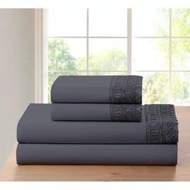 4-Piece Lace Crochet Embroidery Bamboo Bed Sheets Set King Size | Casual Silky Soft Luxury Bedding Sets Dark Grey Solid Color Pattern | Deep Pocket Durable Elastic Fitted Thick Machine Washable Cozy
