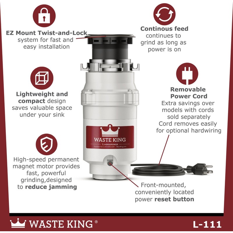 Waste King Garbage Disposal for Kitchen Sink with Power Cord,