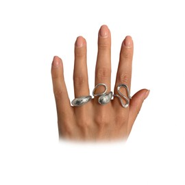 Rrdaily Vintage Gold Teardrop Open Finger Rings Set for Women,Minimalist Geometric Curve Aesthetic Dome Statement Rings,Trendy Party Jewelry Accessories Gifts(Silver)