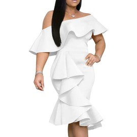 GOBLES Women's Elegant Off The Sholder Back Zipper Ruffles Bodycon Midi Cocktail Dress White