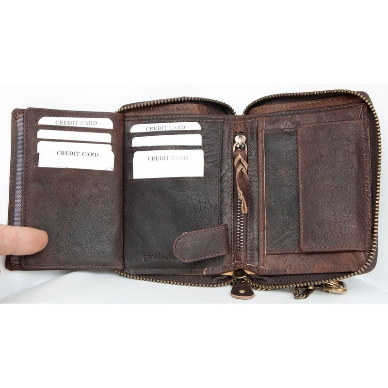 Men's Natural Genuine Leather Wallet with Metal Zipper Around with