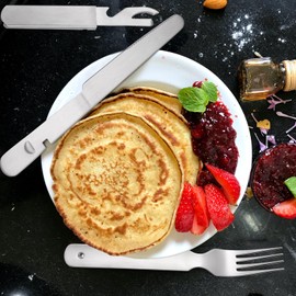 A · HOUSEWARE Portable Flatware Silvery Silverware Camping Stainless Steel Cutlery Set Outdoor Travel Knife Fork Spoon Bottle Opener 4 Pieces Foldable Durable Easy to Clean