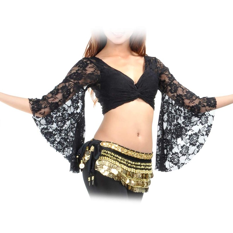 BellyLady Belly Dance Costume, Rose Lace Top, Flared Sleeves, Nine