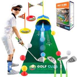 Golf Toy Set for Children, Mini Golf with 1 Dinosaur Automatic Golf Returner, 3 Scalable Golf Clubs, 6 Balls and Putting Mat, Indoor and Outdoor Sports Toy, Gift for Children
