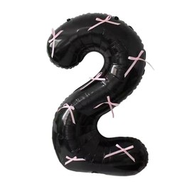 WALALA GOFUN 32 Inch Balloons, Number Balloons, Pink Ribbon Tie, SNS Decoration with Ribbon, Thick Aluminum Foil, Outdoor Use, Birthday, Wedding, Anniversary Decoration (Black, 2)