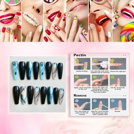 Rchovsam 24pcs Black Press on Nails Medium Coffin Nails Press Ons Black Blue Floral Designs False Nails Full Cover Glossy Artificial Acrylic Fake Nails Gift for Women